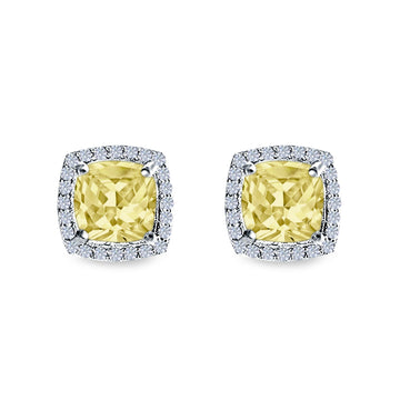 Cushion Cut Stud Earrings Simulated Yellow CZ 925 Sterling Silver